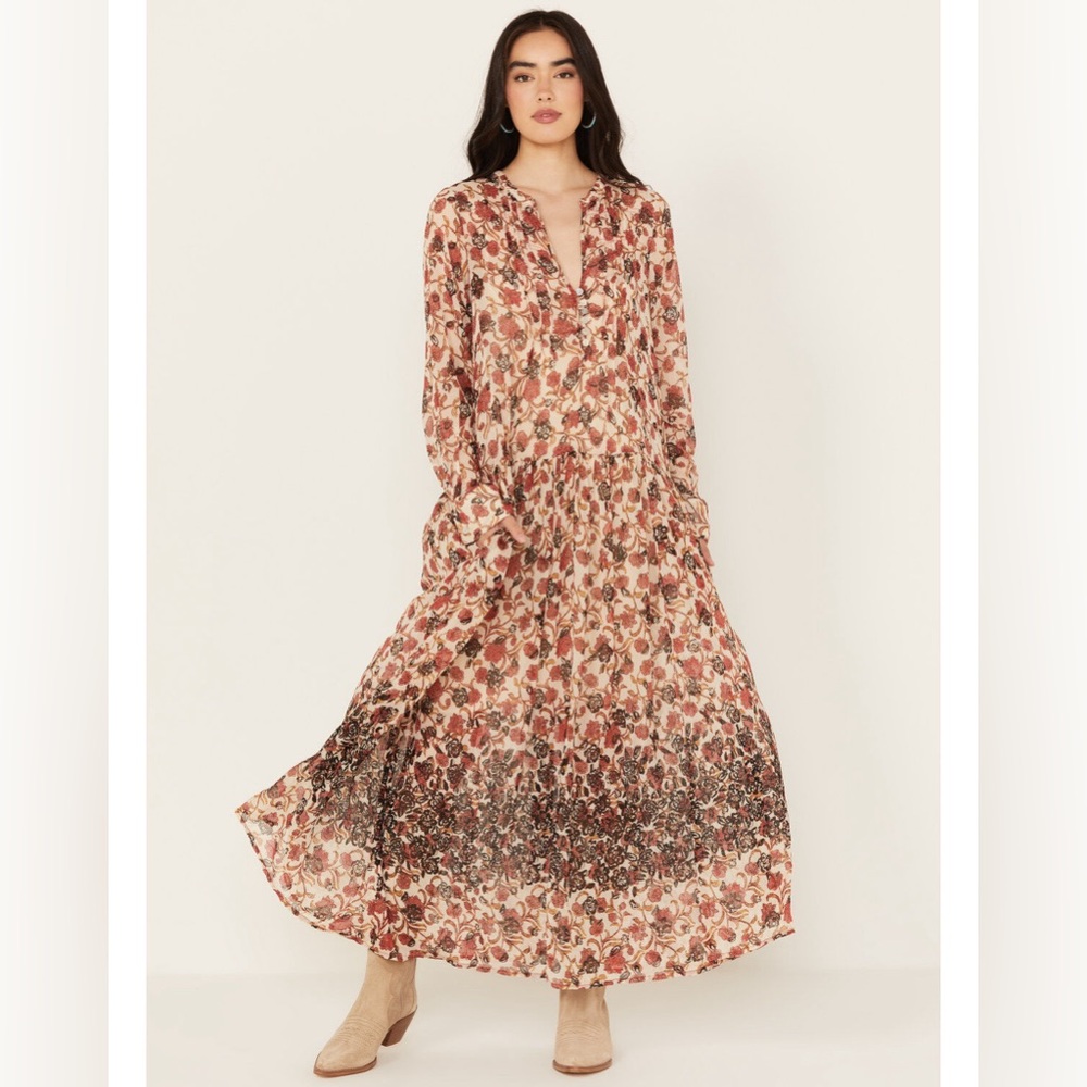 FREE PEOPLE WOMEN'S SEE IT THROUGH FLORAL LONG SLEEVE MAXI DRESS size XS